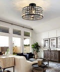 Industrial 18 Inch Ceiling Fan With Light Remote Control in Black Farmhouse Metal Cage with Wood in modern living room.