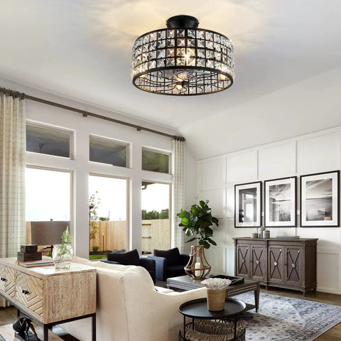 Industrial 18 Inch Ceiling Fan With Light Remote Control in Black Farmhouse Metal Cage with Wood in modern living room.