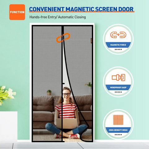 Magnetic Screen Door for 32x80 Openings, Fits 34x81 Mesh, showing strong magnetic closure and reinforced hook, indoor view