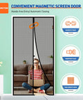 Woman using Magnetic Screen Door 36x96 Fit, 38x97 Mesh with Strong Magnets, sitting with laptop on couch inside home