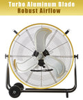 Front view of Industrial Drum Fan 24 Inch High Velocity 8800 CFM Three Speed Heavy Duty Metal Air Circulator with robust airflow