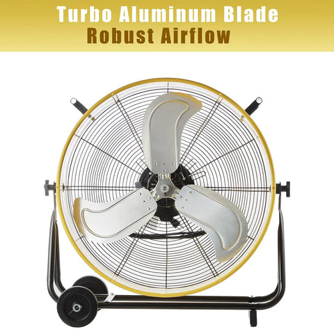 Front view of Industrial Drum Fan 24 Inch High Velocity 8800 CFM Three Speed Heavy Duty Metal Air Circulator with robust airflow