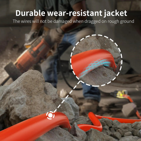 Heavy Duty Outdoor Extension Cord 25 Ft 12 AWG 3 Conductor, Waterproof showing durability over rocks.