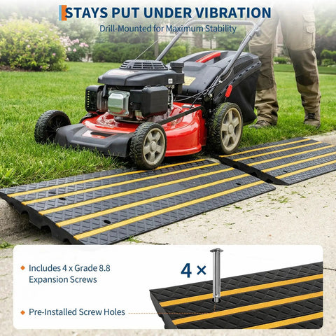 Heavy Duty Rubber Curb Ramps 2 Pack For Driveway Transition And Low Clearance Rides Built To Glide Over Sidewalk Edges Without Scraping Your Front Lip On Casual Cruises with lawn mower on grass.