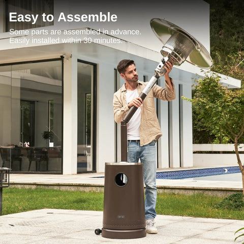 Man assembling Massive 50,000 BTU Patio Heater With Table Design, Sand Box, Dual Layer Stainless Steel Burner, Wheels