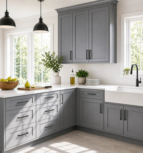 Bombproof Solid Zinc Alloy Matte Black Cabinet Handles 5 Inch Center To Center Kitchen Pulls 10 Pack on gray kitchen cabinets.