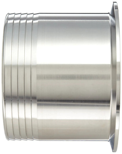 Side view of Sanitary 304 Stainless Steel Barbed Hose Adapter For Rubber Hose Hookup 6 Inch Tube OD To 6 Inch Hose ID Pipe To Hose Fitting