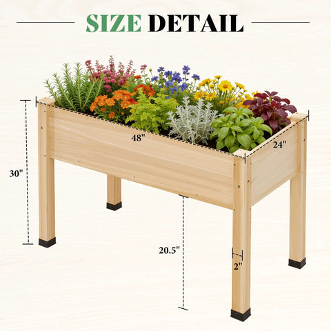 Raised Garden Bed With Sturdy Stand For Backyard Or Patio, 48x30x24 Inch Light Wood Planter Box With Bed Liner, Legs, Divider, Drainage Holes, And 330 Lb Capacity showing size dimensions and plants.
