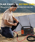 Person connecting solar panel to portable power station using DC cable in outdoor setting