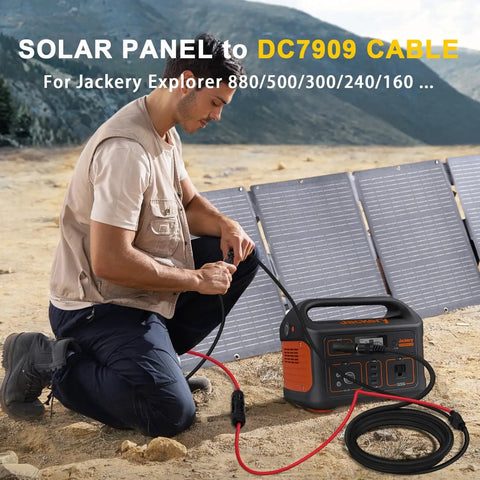 Person connecting solar panel to portable power station using DC cable in outdoor setting