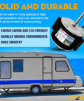 Replacement Fan Motor For Dometic Brisk Air II Genteq F48AF70A61 shown with RV background, emphasizing durability and eco-friendliness.