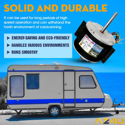 Replacement Fan Motor For Dometic Brisk Air II Genteq F48AF70A61 shown with RV background, emphasizing durability and eco-friendliness.