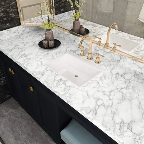 Bathroom vanity with Ultra Wide 36 By 197 White Marble Peel And Stick Countertop Wallpaper Waterproof Self Adhesive Vinyl.