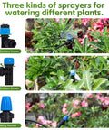 All In One 240 Foot Drip Irrigation Kit With Quick Connects For Raised Beds And Greenhouses Includes Half Inch Main Hose Quarter Inch Distribution Tubing 30 Sprayers Emitters Misters And All Fittings For Easy Automatic Watering No Fuss Setup; three types of sprayers in action watering plants.