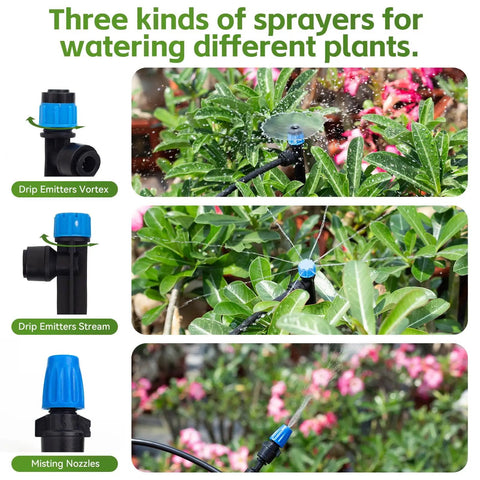 All In One 240 Foot Drip Irrigation Kit With Quick Connects For Raised Beds And Greenhouses Includes Half Inch Main Hose Quarter Inch Distribution Tubing 30 Sprayers Emitters Misters And All Fittings For Easy Automatic Watering No Fuss Setup; three types of sprayers in action watering plants.