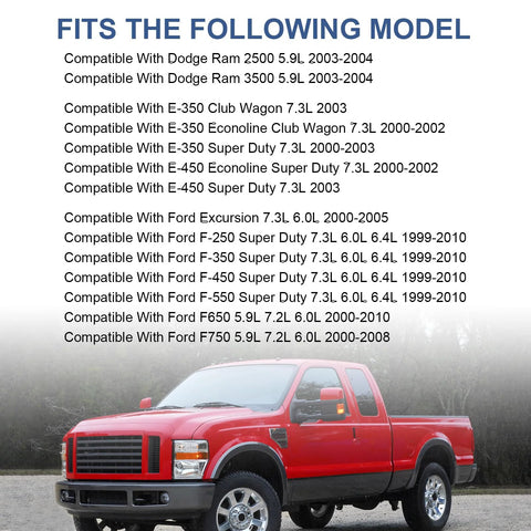 RADHLBNIU electric vacuum pump compatibility poster listing Ford and Dodge models with a red pickup truck at bottom