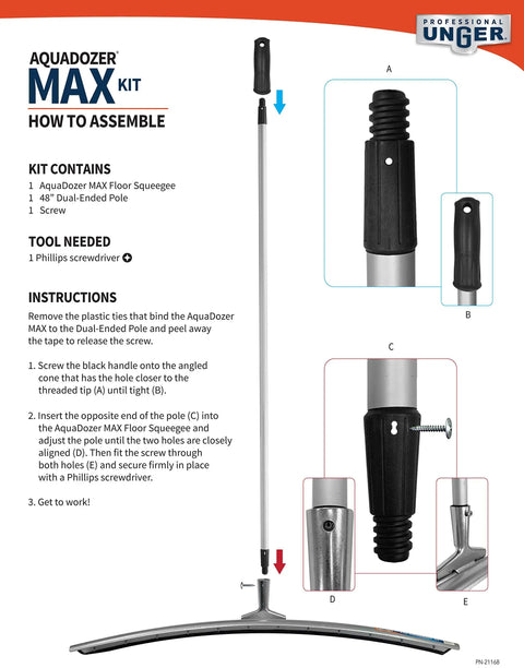 Heavy Duty 36 Inch Curved Floor Squeegee Kit With 48 Inch Dual End Extension Pole components and assembly instructions.