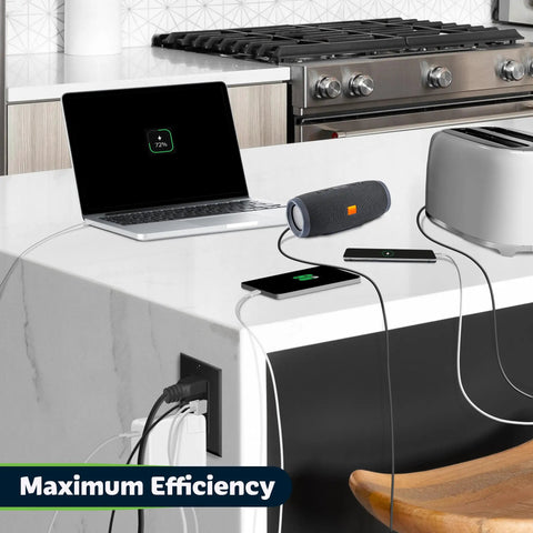 Two USB Wall Outlet Charger With Dual USB Ports 5V 3.6A 15A Duplex Tamper Resistant Receptacle powering multiple devices