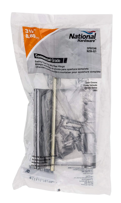 Swing Clear Hinge Satin Chrome 3-1/2 Inch Concealed Screws Ribbed Design in package with installation hardware visible