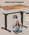 Farexon Electric Standing Desk Adjustable Height Black Brown Wood Grain Surface With Power Outlets, Wheels, And Mouse Pad for quick installation demonstration.