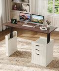 55 Inch Electric Standing Desk Farmhouse Style Sit Stand Workstation Featuring Smooth Silent Motors Roll Out File Cabinet And Expanded Wood Surface in home office setup.