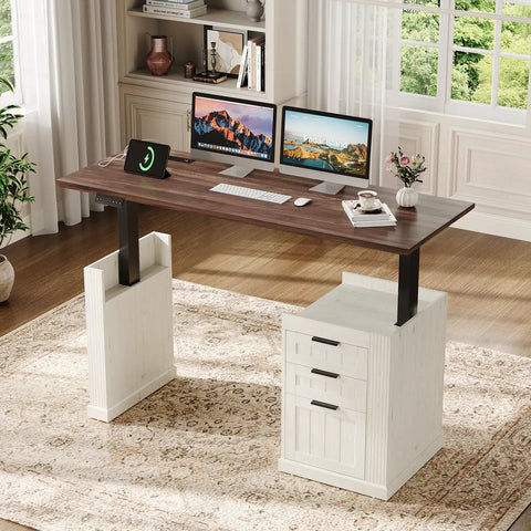 55 Inch Electric Standing Desk Farmhouse Style Sit Stand Workstation Featuring Smooth Silent Motors Roll Out File Cabinet And Expanded Wood Surface in home office setup.
