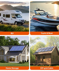 Collage of RV, yacht, home, and off-grid cabin using 30 Amp MPPT Solar Charge Controller With Built In Bluetooth And LCD Display Auto 12V 24V Input LED Indicators For Easy Battery Charging And Smart Panel Power Management For RVs Off Grid And Home Solar Systems