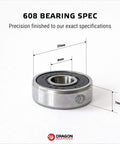 608 bearing from Dragon Bearings; inline skate bearing, silver metal with black outer race and dragon logo (front view).