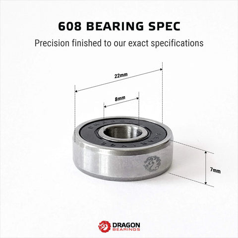 608 bearing from Dragon Bearings; inline skate bearing, silver metal with black outer race and dragon logo (front view).