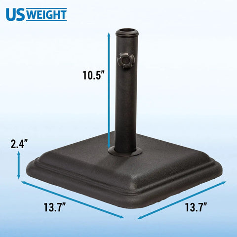 Heavy Duty 26 Pound Cast Stone Outdoor Umbrella Base Stand For Patio Tables, 13.7x13.7x2.4 inches, black, stem height 10.5 inches