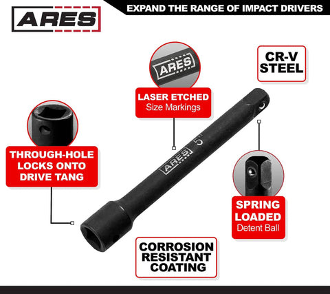 Side view of a Three Inch, Five Inch, And Ten Inch Impact Extension Bar Set For Impact Drivers with laser-etched socket extensions.