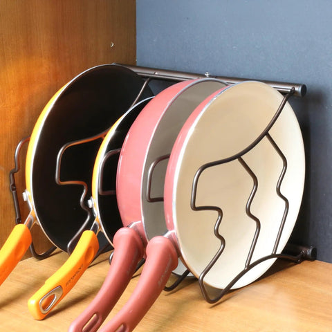 Keep Your Cookware On Deck With This Heavy Duty Pan Organizer Rack Bronze Finish Free Standing Lid Holder Metal Shelf For Cabinets Counters Effortless Setup with pans organized.