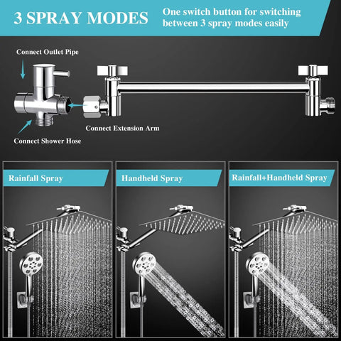 Diagram of Bangin High Pressure Rain Shower Head With Handheld Kit showing 3 spray modes and connection setup.