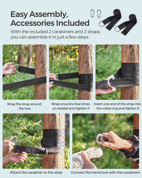 Double Hammock 98.4 X 59.1 Inches With 660 Lb Capacity Breathable Cotton Polyester Fabric setup with straps and carabiners