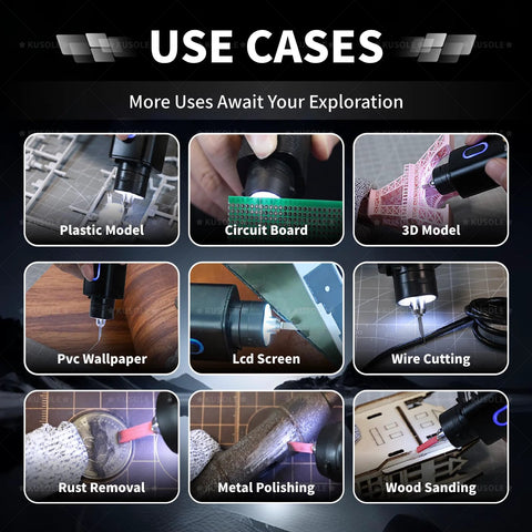 KUSOLE ultrasonic cutting blade tool collage; 9 use cases: plastic models, circuit boards, 3D models, wood sanding.