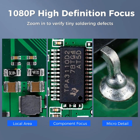 7 Inch LCD Digital Soldering Microscope With Remote And Side Lights High Clearance Stand For DIYers And Tweezers Access 1080P Live View For Precise Microsoldering On Tiny PCBs, PCB solder joint close-up