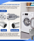 Five Key Set For Commercial Washer And Dryer From Speed Queen Includes GR777 GR800 GR888 GR100 GR999 Coin Laundry Keys For Greenwald And Coin Op Equipment shown with lock illustrations and washing machine.