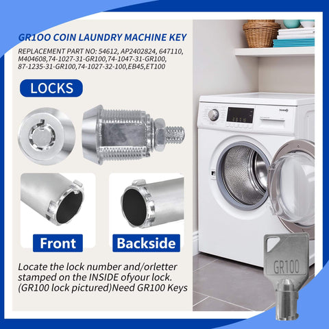Five Key Set For Commercial Washer And Dryer From Speed Queen Includes GR777 GR800 GR888 GR100 GR999 Coin Laundry Keys For Greenwald And Coin Op Equipment shown with lock illustrations and washing machine.