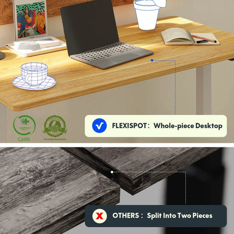 One Piece Standing Desk With Electric Height Adjustment For Sit Stand Comfort, 40 By 24 Inches, Seamless Maple Desktop On White Frame, Quiet Motor, Roomy Computer Workstation For Home Office, showing seamless desk design versus split in two pieces comparison.