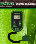 4 Way Digital Soil Analyzer For pH And Moisture Temperature And Light With Easy Readouts And Corded Probe Great For Home Gardeners On The Go Designed And Engineered In The USA, showing front view of tester with LCD display and corded probe.