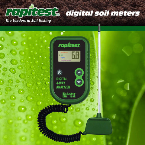 4 Way Digital Soil Analyzer For pH And Moisture Temperature And Light With Easy Readouts And Corded Probe Great For Home Gardeners On The Go Designed And Engineered In The USA, showing front view of tester with LCD display and corded probe.