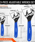 Go-To Three Piece Adjustable Wrench Set With 6, 8, 10 Inch Wide Jaw Wrenches In Black Oxide Cr-V Steel With Metric And SAE Scales