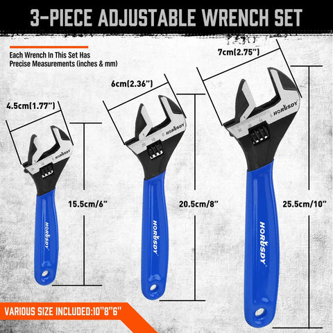 Go-To Three Piece Adjustable Wrench Set With 6, 8, 10 Inch Wide Jaw Wrenches In Black Oxide Cr-V Steel With Metric And SAE Scales