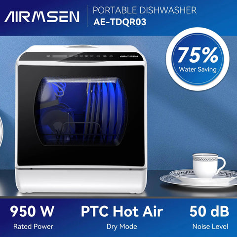 Ultra Compact Countertop Portable Dishwasher With No Hookup Setup Runs Smooth To Clean Forty Plus Dishes Fast, displayed with a modern design.
