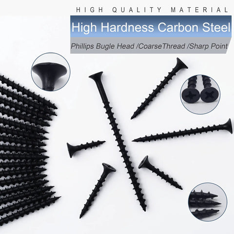 210 Piece Six Gauge One And A Quarter Inch Drywall Screws Black Oxide Coated Carbon Steel With Coarse Threads on white background