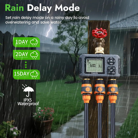 Water Timer With Brass Inlet For Outdoor Hose 3 Independent Zones Auto Manual Rain Delay IPX5 Waterproof Sprinkler Controller