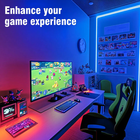 Gaming room with 50 Ft LED Strip Lights Kit For Bedroom With App Control And IR Remote, Color Changing RGB Mood Lighting
