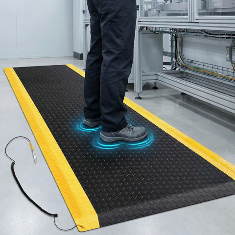 Anti Fatigue Industrial ESD Mat With Ground Wire 3x12 Feet Thick Three Quarter Inch Heavy Duty Ergonomic Standing Floor Pad Black With Yellow Border For Commercial Shops And Lab Stations installed on floor
