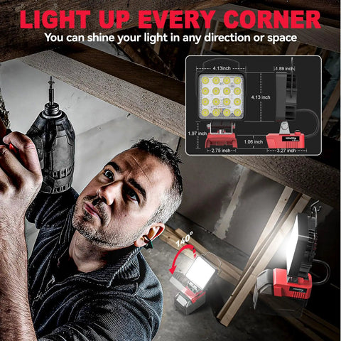 Man using Go To Cordless LED Work Light Flood Beam 3800 Lumen, 38W, 18V, in garage for DIY, showing angles and portability.