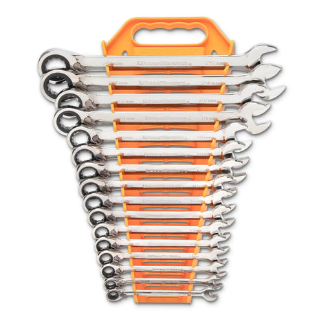 16 Piece Reversible Ratcheting Combination Wrench Set Metric With Flush Mounted Reversing Lever And Off Corner Loading Design